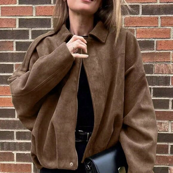 brown Casual Women's  Loose Long Sleeves Zip Jacket Bomber Coat Outerwear - Picture 4 of 6